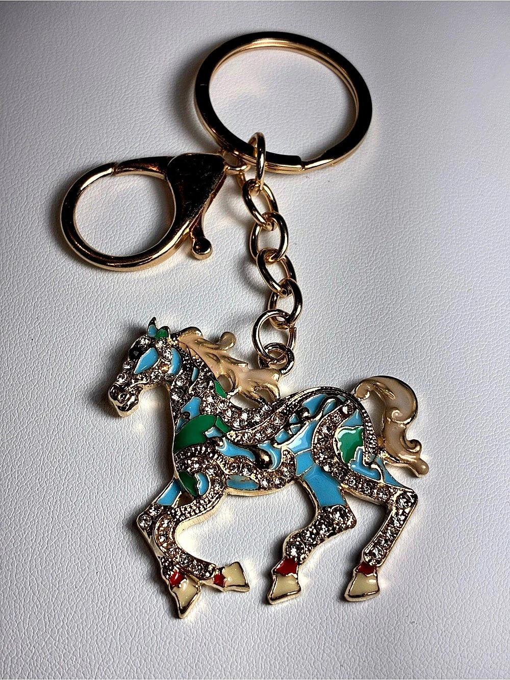 Horse Charm Rhinestone Keychain Bag Charm in Gold & Blue New Without Tags